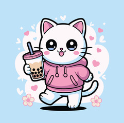 Cute Cartoon Cat Holding Bubble Tea and Smiling