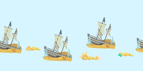 Seamless border. Sunken pirate ship on the seabed with gold coins, crown, golden cup and gemstones. Vector illustration for party supplies, wrapping paper, fabric.