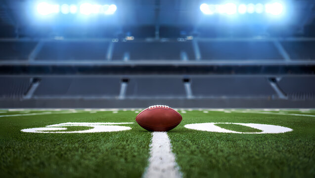 American football on the field at the fifty yard line under stadium lights