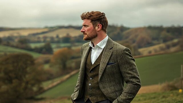 Man in Tweed Suit Admires Serene Countryside