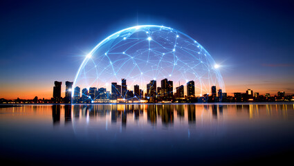 Futuristic cityscape with global network overlay at sunset