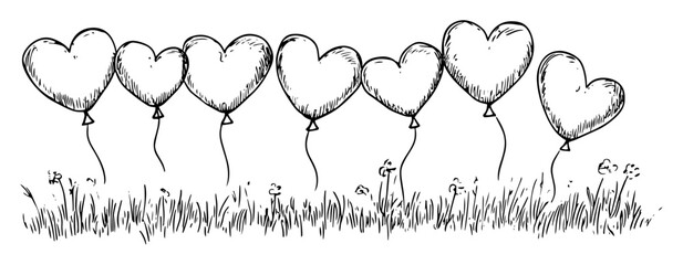 hand drawn heart shaped balloons in grass – outline vector illustration