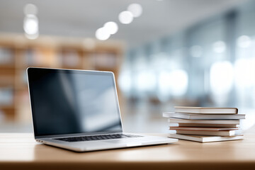 A modern laptop and a stack of books sitting on a wooden desk, perfect for work and study
