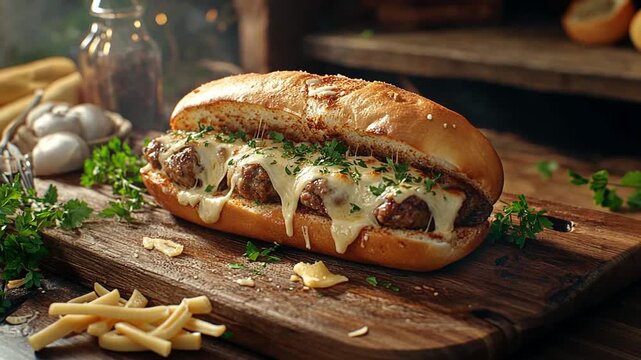 Melty Cheese Meatball Sub on Rustic Wooden Board
