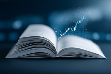 An open book with a glowing financial chart emanating from the pages, symbolizing knowledge and growth