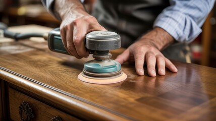 Worker polishing wooden surface with electric sander tool in carpentry workshop.