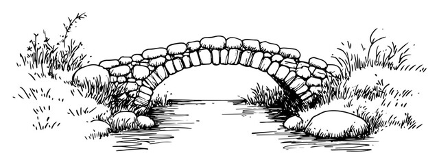 Obraz premium stone bridge over stream – outline rural architecture sketch