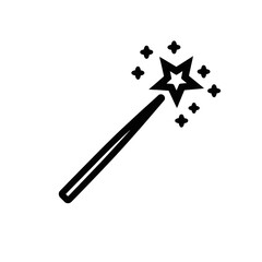 A black outline icon of a magic wand with a star at the tip, emitting sparkles, isolated on transparent background