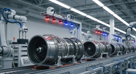 Jet engine core modules moving along conveyor systems with integrated sensors tracking assembly progress in highly automated aerospace facility.