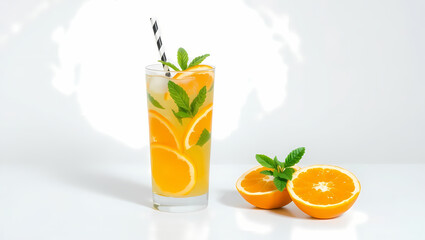 Refreshing tall glass of orange infused water with mint and citrus slices