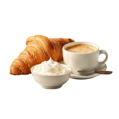 A freshly baked croissant with a side of whipped cream and a steaming cup of coffee, perfect for a delightful breakfast, isolated on transparent background