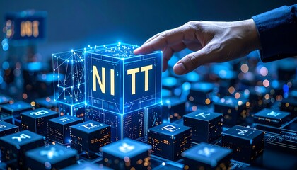 Digital hand interacting with technology cube