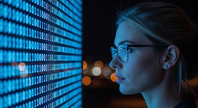 Smart businesswoman analyzing complex data streams, innovating with technology in a modern office