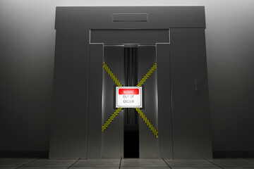 Out of order warning sign in front of a broken elevator door opened. © MOTION ARF