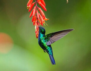 A hummingbird hovers over vibrant red flowers