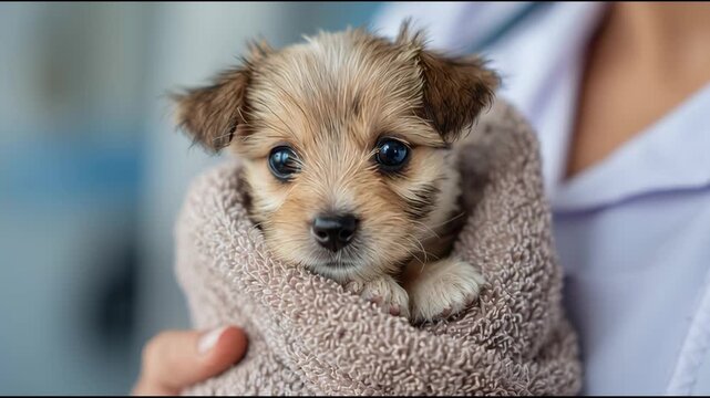Cute Puppy Wrapped in Towel Gets Cuddled and Cared for by Loving Owner in Cozy Setting
