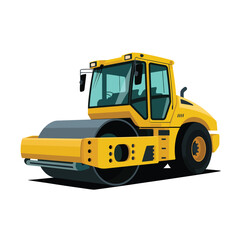 Yellow vibratory roller compactor on white background