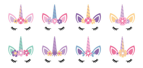 Collection of adorable watercolor unicorn faces with flowers