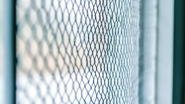 Close-up view of a chain link fence with metal wires and posts