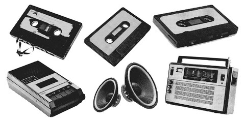 Retro halftone tape cassette recorder collage elements. Vintage tape in halftone texture, dotted pop art style.