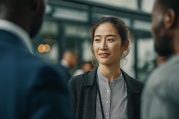 A friendly conversation among professionals showcasing smiles and positive interactions in a business setting