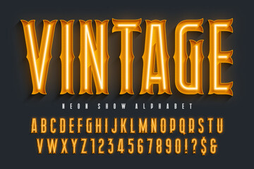 Retro circus alphabet design, cabaret, fairy neon lamps letters and numbers. © Aleksandr