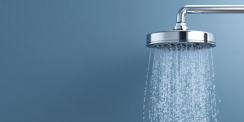 A modern and sleek shower head with water flowing. The scene conveys a sense of cleanliness, relaxation, and freshness. The flowing water creates a dynamic visual
