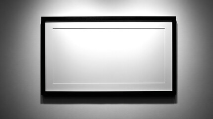 Obraz premium Black picture frame with a blank white mat and empty space, illuminated by a spotlight on a dark wall