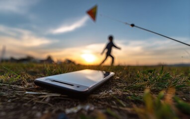 Peaceful moment: individual in digital detox sets aside device, reconnecting joy, experiencing freedom, cherishing simplicity, overcoming dependence, valuing emotion, living authentic experience