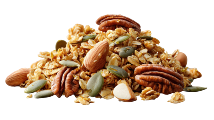 A pile of healthy granola cereal with various nuts and seeds, including almonds, pecans, and pumpkin seeds, on a transparent background
