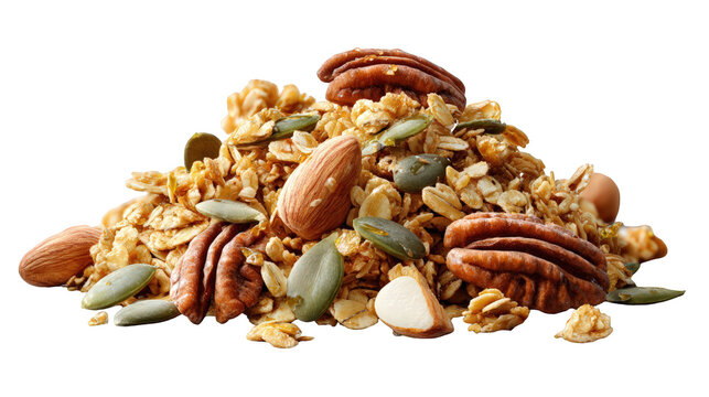 A pile of healthy granola cereal with various nuts and seeds, including almonds, pecans, and pumpkin seeds, on a transparent background - Powered by Adobe