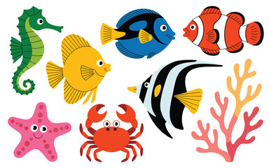 Colorful cartoon underwater sea creatures collection