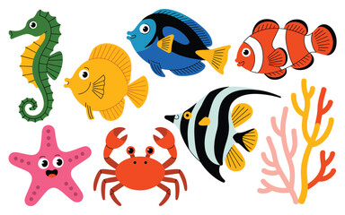 Fototapeta premium Colorful cartoon ocean life collection featuring fish and sea creatures