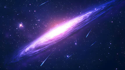Fototapeta premium Edge-on spiral galaxy with falling stars in deep space