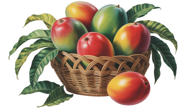 Basket of ripe mangoes with green leaves isolated on transparent background