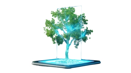 Holographic tree. Futuristic technology merging digital innovation with nature for eco-friendly, environmental, and sustainability-themed creative projects. Isolated on transparent background, png.