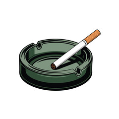 A single cigarette rests in a dark green glass ashtray