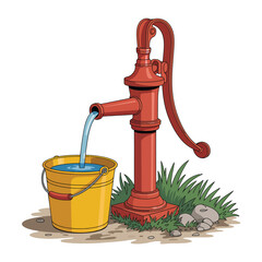 Vintage red water pump dispensing water into a yellow bucket