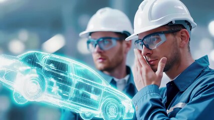 Automotive engineers analyze holographic car wireframe model using advanced digital visualization technology. Professional technicians in safety helmets examine virtual prototype design through - Powered by Adobe
