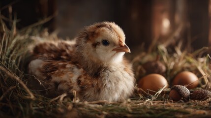 Fluffy chicken resting in hay with scattered acorns. Cozy barnyard