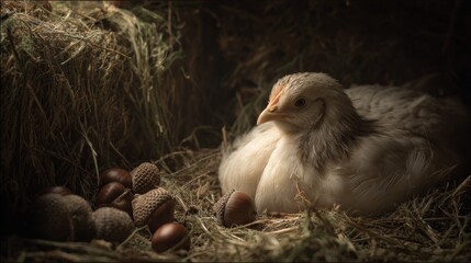 Fluffy chicken resting in hay with scattered acorns. Cozy barnyard