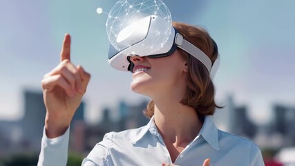 Professional woman experiences virtual reality with vr headset while interacting with holographic neural network visualization. Advanced digital technology interface displays glowing data connections - Powered by Adobe