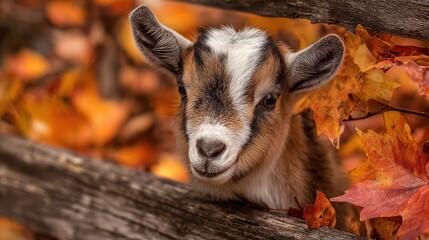 Baby goat face surrounded by colorful fall leaves and wooden fence