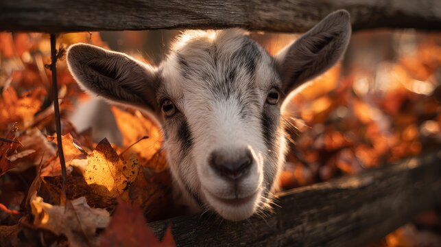 Baby goat face surrounded by colorful fall leaves and wooden fence