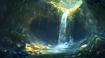 Obraz premium Enchanted Waterfall Cave: Fantasy Nature Scene