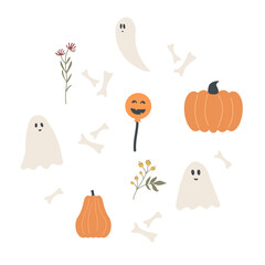 Hand drawn halloween elements and symbols in flat style. Spooky bones, candy and ghosts in doodle style. Autumn set in pastel colors