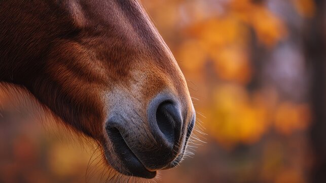 Chestnut horse muzzle with blurred autumn trees in background - Powered by Adobe