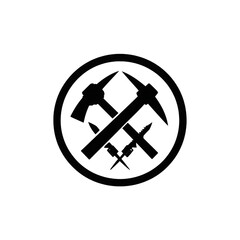 Black silhouette of crossed pickaxe and axe within a circle, isolated on transparent background
