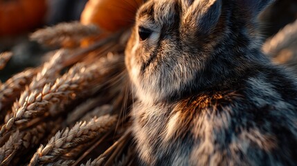 Rabbit fur texture with pumpkin and wheat stalks. Harvest season