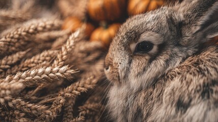 Rabbit fur texture with pumpkin and wheat stalks. Harvest season
